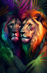 Gay lion couple in the jungle. LGBT representation. Created with Generative Al technology
