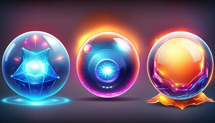  a set of three shiny orbs with different shapes and colors on a dark background with a leaf and a glowing star in the center.  generative ai