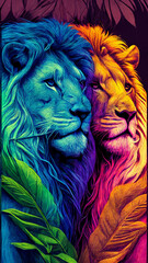 Gay lion couple in the jungle. LGBT representation. Created with Generative Al technology