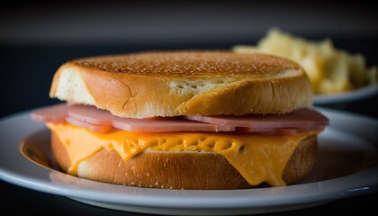  a ham and cheese sandwich on a plate with a side of potato chips on the side of the plate, with a knife and fork in the foreground.  generative ai