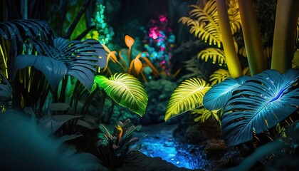 Fototapeta na wymiar a jungle scene with a stream of water surrounded by plants and trees with bright lights in the background and a stream of water running through the center of the image. generative ai
