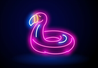 Flamingo lifebuoy neon sign. Neon sign, bright signboard, light banner - 578034298