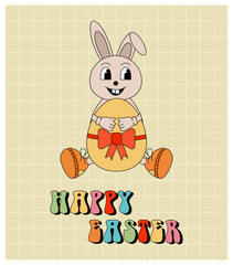 Groovy retro easter card with bunny, egg and bow