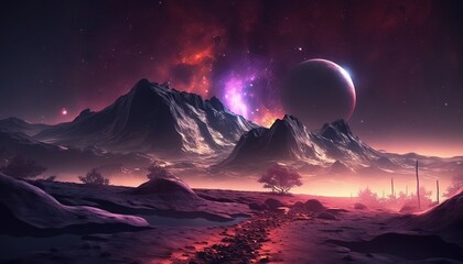  a computer generated image of a landscape with mountains and a path leading to a distant star in the distance, with a distant planet in the background.  generative ai