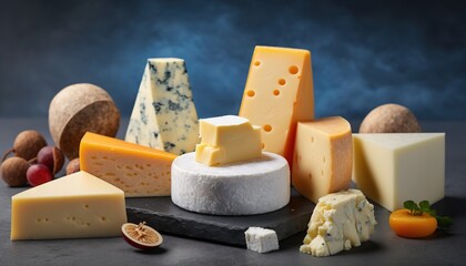  a variety of cheeses and nuts on a slate board with a blue background and a black background with a white border around the edges.  generative ai