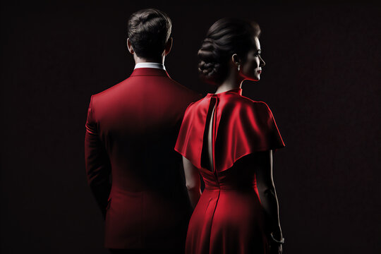 back view of a couple of man and woman in red dress and costume, Generative Al