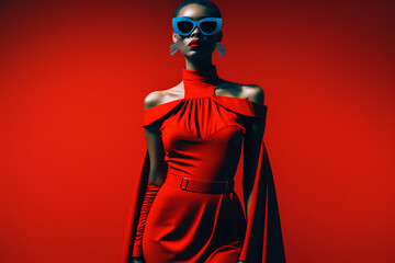 Obraz premium Beautiful black woman in red dress wearing stylish sunglasses, Generative Al