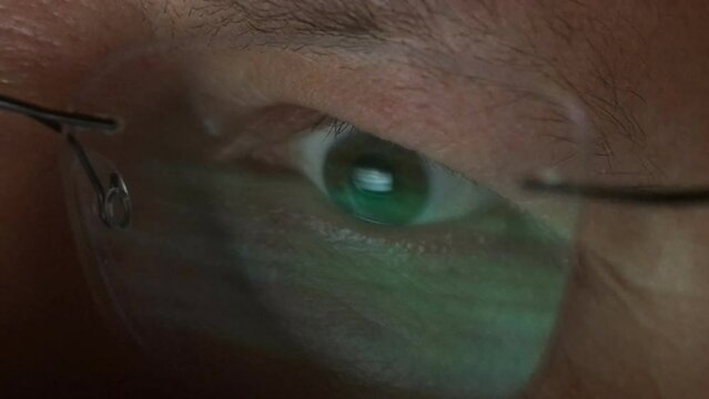 Closeup Of Man Eye In Glasses Watching On Computer. crazy look