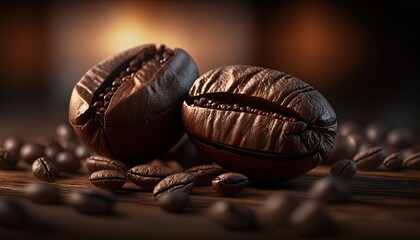  two pieces of chocolate sitting on top of a table with coffee beans around it and a blurry background of coffee beans on the floor.  generative ai
