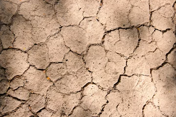 Meubelstickers Wall texture soil dry crack pattern of drought lack of water of nature brown old broken background. © Kamjana