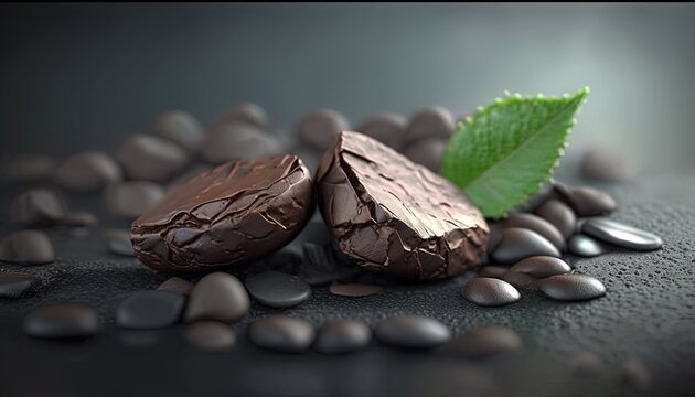 two chocolates with a leaf on top of them sitting on some chocolate chips with a leaf on top of them on a black surface.  generative ai