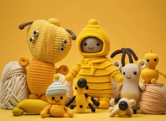 Cute knitted toys on yellow background, soft knitted toys for children to play. Generative AI.