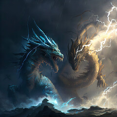 earth dragon vs water dragon in a hurricane storm Generative AI