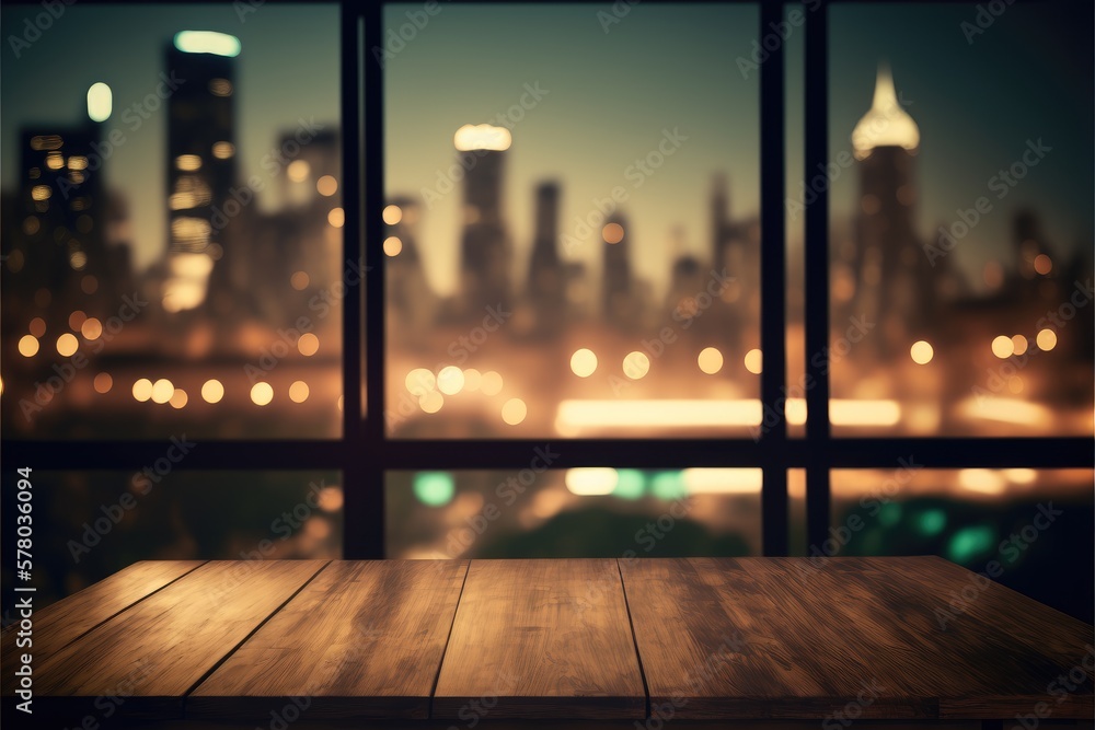 Wall mural empty wooden table with large window view through cityscape background. concept of building office o