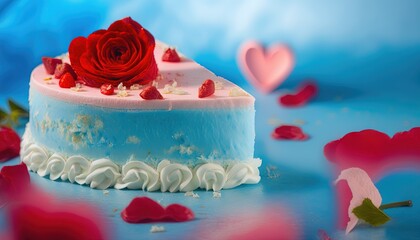 Obraz na płótnie Canvas a blue cake with white frosting and a red rose on top of it with petals around it and a blue background with pink and red hearts. generative ai