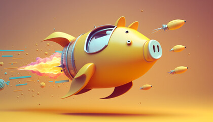 Piggy bank on a flying rocket on yellow background. Financial, investing, savings and wealth management solution concept. Generative AI.