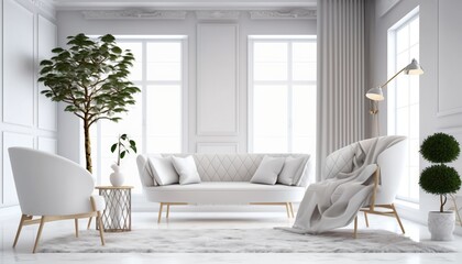  a living room with a white couch and a white chair and a potted plant in the corner of the room and a white rug on the floor.  generative ai