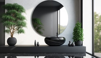  a round mirror sitting on top of a table next to a potted plant and a potted plant in a vase on top of a table.  generative ai