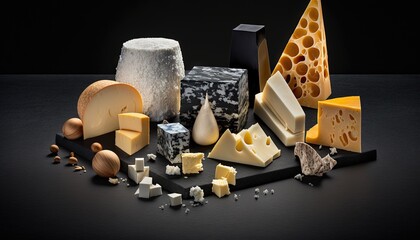  a variety of cheeses are arranged on a black surface with a black background and a black background with a black background and a black background with a black border and white border.  generative ai