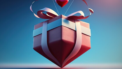  a heart shaped balloon is flying out of a gift box with a ribbon and bow on a blue background with a red balloon in the shape of a heart.  generative ai