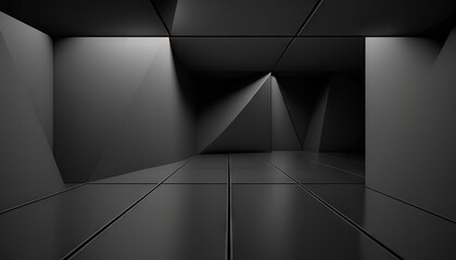  a black and white photo of a room with a light at the end of the room and a black floor with a light at the end of the room.  generative ai