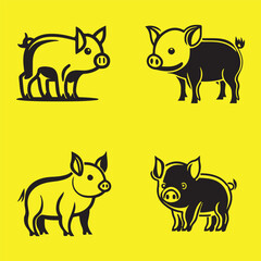 set of cute pig vector black outline. pig logo, icon and silhouette vector illustration