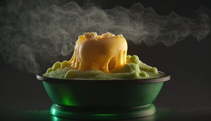  a green bowl filled with food and steam rising out of the top of the bowl, with smoke coming out of the top of the bowl.  generative ai