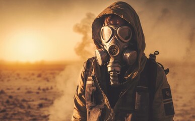 Survivor standing in the desert after a biological cathastrophe or nuclear war with a gas mask and protective clothing. Generative AI.