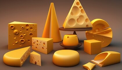  a variety of cheeses are arranged on a gray background with a brown background and a brown table with a plate of cheeses and cheeses on it.  generative ai