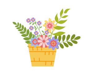 Wicker Basket with beautiful, bright spring flowers. Botanical illustration of flowers and leaves for Easter, holidays. Print for posters, cards, clothes, nursery. Vector flat illustration
