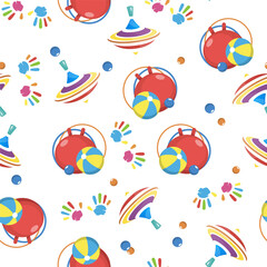 A seamless pattern with balls and ather kid's activity tools on a white background
