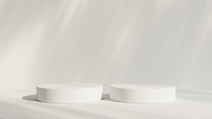 Abstract white room with realistic white cylinder pedestal podium set and leaf shadow overlay....