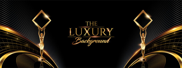 Black Golden Side Corner Wave Flowing Lines Award Background. Trophy on Luxury Background. Modern Abstract Design Template. LED Visual Motion Graphics. Wedding Invitation Poster. Certificate Design.