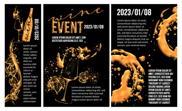 WINE EVENT template - Hand drawn elements. Wine design collection for flyers, brochures, invitation cards, advertising banners and menus. Wine stains and sketch vector illustration. Brilliant colors.