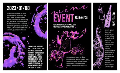 WINE EVENT template - Hand drawn elements. Wine design collection for flyers, brochures, invitation cards, advertising banners and menus. Wine stains and sketch vector illustration. Brilliant colors.