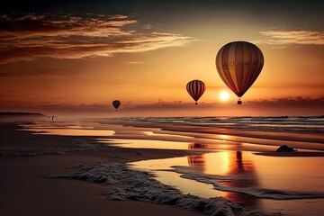 Paisaje con globos aerostáticos con una bella puesta de sol. IA generative - obrazy, fototapety, plakaty