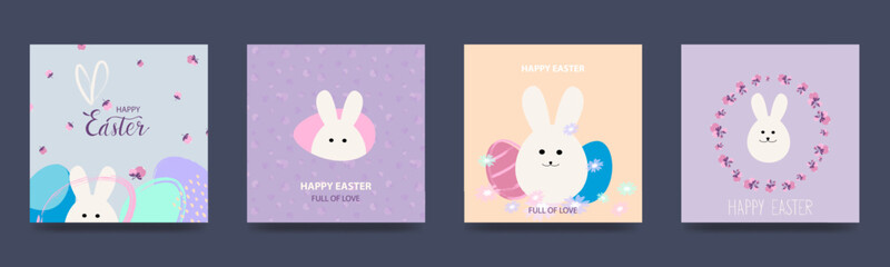Happy Easter Set of vector easter cards with easter colorful eggs, bunny, patterns. Vector