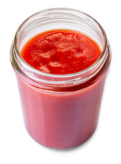Tomato puree sauce glass jar open in top view