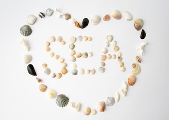 On a white background, a large beautiful heart made of different seashells in the middle of the text sea.  The concept of sea seasonal travel to hot countries.  Flat lay, top view.