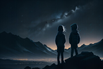 Stargazing Adventure: Two Kids Watch the Night Sky over a City - Generative AI