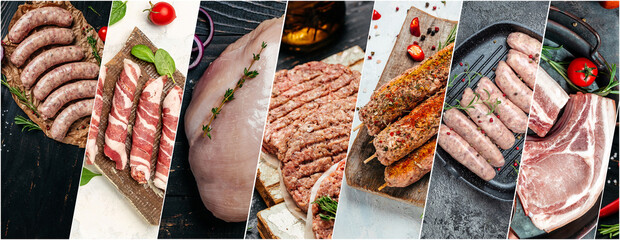 Food collage of raw meat banner, menu recipe Long banner format, top view