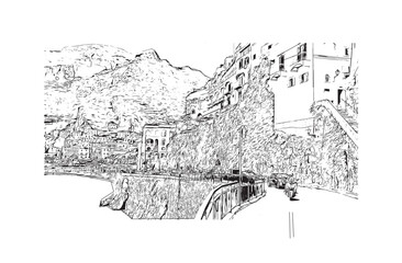 Building view with landmark of Positano is the 
village in Italy. Hand drawn sketch illustration in vector.