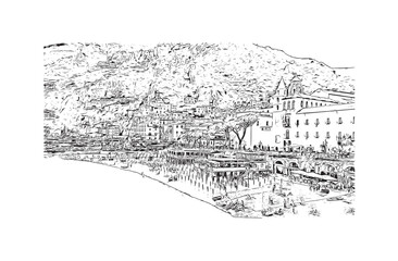 Building view with landmark of Positano is the 
village in Italy. Hand drawn sketch illustration in vector.