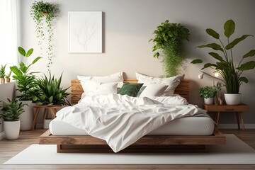 Naklejka premium White pillows on a wooden bed in a minimalist stylish bedroom interior with plants and a poster above the bed. Generative AI