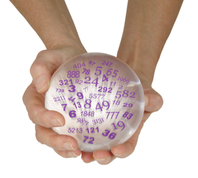 Seeking this weeks' winning lottery numbers concept - hands holding a large crystal ball containing the numbers 1 to 49 isolated transparent png file - Powered by Adobe