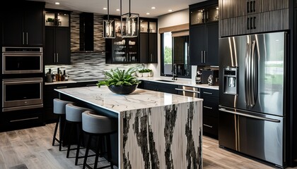 Modern kitchen interior design idea and concept. Stainless steel, black and white color pallet, bright and spacious. Generative AI illustration.