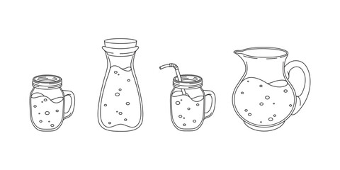 Set of cute hand drawn pitcher, carafe and jars. Vector line illustration. Collection of graphic elements for packaging, print, card, fabric, label, wallpaper, textile, wrapping paper, gift.