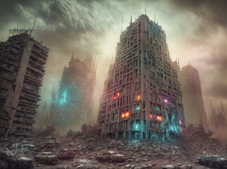 Bad inclement weather at sunset, apocalyptic architecture, a group of tall buildings in the middle of the city. Generation of artificial intelligence.