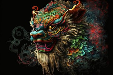 Lion head on black background，AI technology generated image