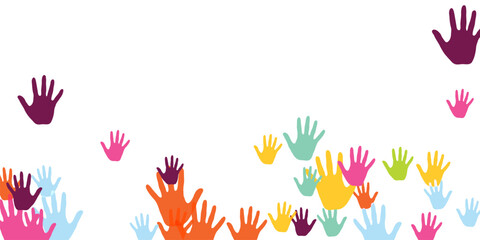 Fototapeta premium Cheerful children handprints nursery games concept background design.